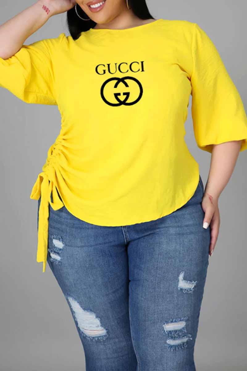 

Yellow Casual Print Draw String Letter O Neck Plus Size Tops