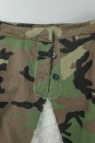 Army Green Casual Camouflage Print Kerstboom Gedrukt Patchwork Split Turndown Kraag Korte mouw Twee stukken