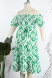Groene casual print rugloze off-shoulder jurk met korte mouwen Grote maten jurken