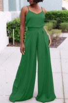 Calça verde casual lisa sem costas com decote em V sem mangas duas peças