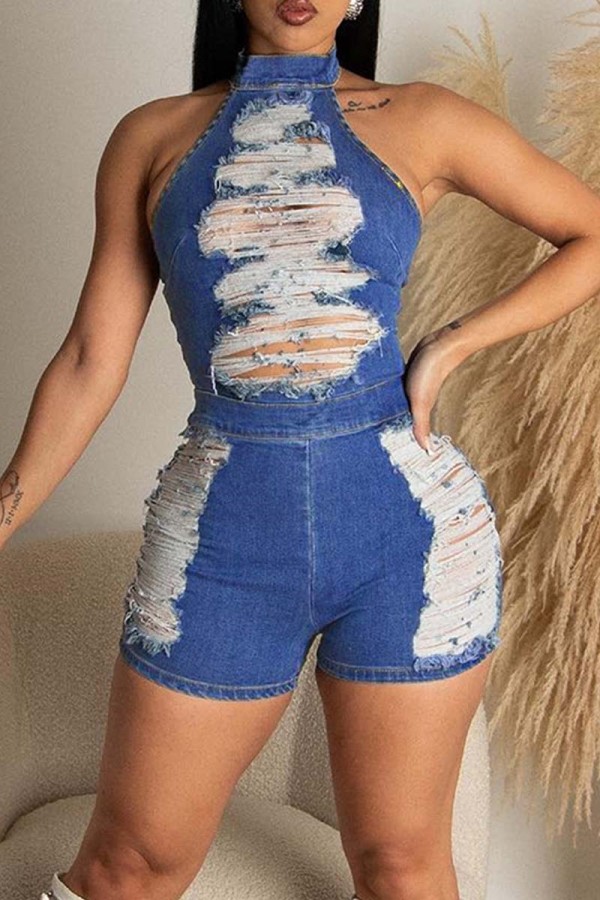 Blauw Sexy Casual Solid Ripped Backless Halter Mouwloos Skinny Denim Romper