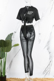 Black Sexy Letter Print Bandage Patchwork See-through Half Sleeve Two Pieces Front Tie Crop Tops And Skinny Pants Sets