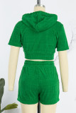 Green Casual Solid Patchwork Zipper Hooded Collar Short Sleeve Two Pieces