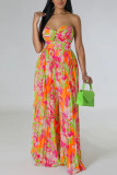 Green Yellow Sexy Tropical Print Patchwork Strapless Straight Pleated Tube Wide Leg Jumpsuits