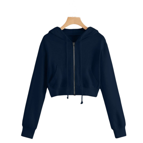 Navy Blue Casual Print Zipper Hooded Collar Tops