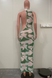 Robe irrégulière à col rond en patchwork à imprimé sexy vert (sans sous-vêtements)