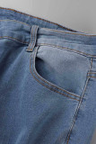 Babyblaue, lässige, solide, zerrissene Plus-Size-Jeans