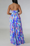 Blue Sexy Tropical Print Patchwork Strapless Straight Pleated Tube Wide Leg Jumpsuits