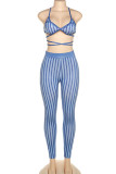 Blue Sexy Striped Print Bandage Patchwork Spaghetti Strap Sleeveless Two Pieces