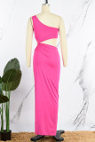 Rose Red Sexy Solid Hollowed Out Patchwork Slit Asymmetrical Oblique Collar Long Dress Dresses