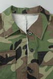 Army Green Casual Camouflage Print Christmas Tree Printed Patchwork Slit Turndown Collar Short Sleeve Two Pieces