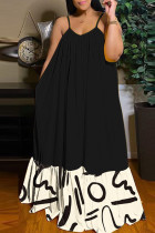 ブラック アプリコット カジュアル ストリート プリント パッチワーク スパゲッティ ストラップ スリング ドレス ドレス