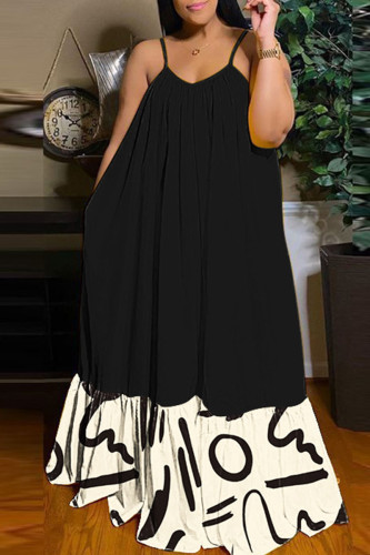 Vestidos casuais pretos damasco com estampa de rua patchwork alça espaguete