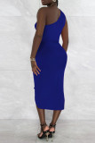 Colorful Blue Sexy Solid Bandage Patchwork Asymmetrical Oblique Collar Irregular Dress Dresses