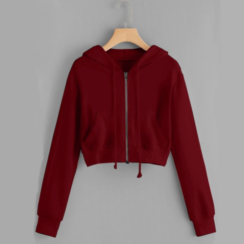Burgundy Casual Print Zipper Hooded Collar Tops