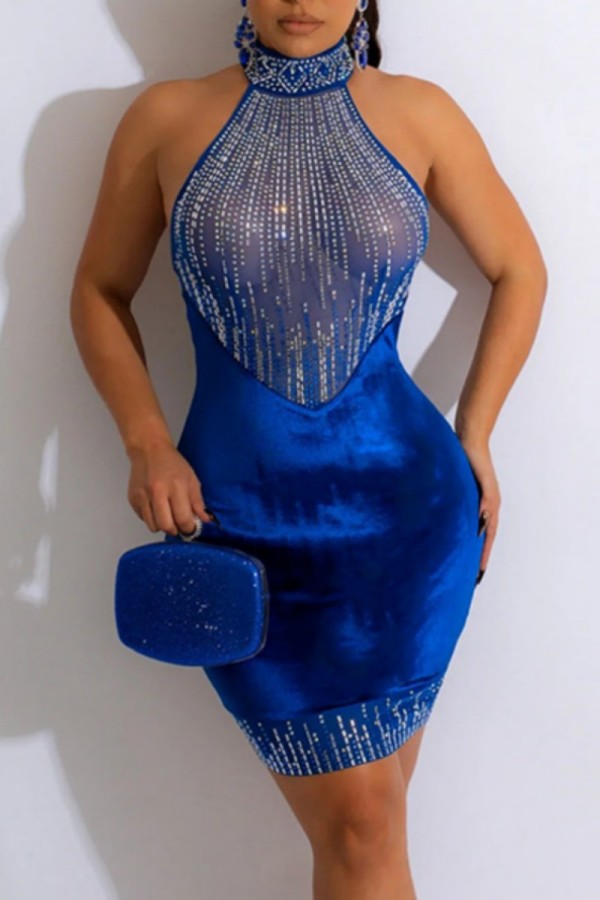 Blaue sexy Patchwork Hot Drilling durchsichtige ärmellose Kleider mit Rollkragen