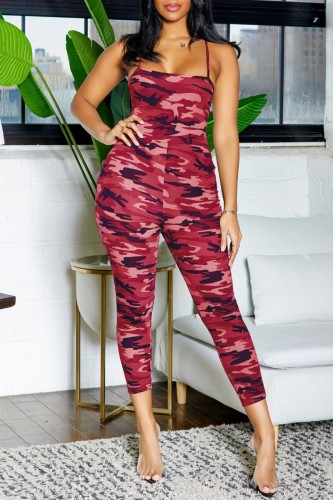 Red Sexy Camouflage Print Bandage Backless Spaghetti Strap Skinny Jumpsuits