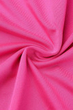 Rose Rouge Sexy Solide Évidé Patchwork Fente Asymétrique Col Oblique Robe Longue Robes