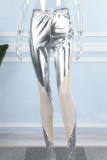 Pantaloni patchwork a matita skinny a vita media in contrasto con patchwork casual sexy argento