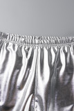 Pantalones de retazos de lápiz de cintura media ajustados en contraste de patchwork informales plateados