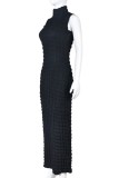 Черное повседневное однотонное базовое платье без рукавов с высоким воротником (без пояса)