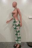 Green Sexy Print Hollowed Out Patchwork O Neck Irregular Dress(Without Underwear)