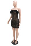 Black Sexy Patchwork Sequins Feathers Backless Strapless Wrapped Skirt Dresses