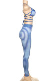 Blue Sexy Striped Print Bandage Patchwork Spaghetti Strap Sleeveless Two Pieces