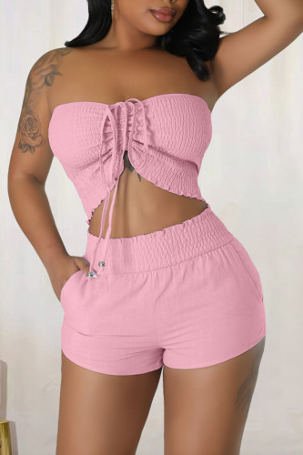 Pink Sexy Solid Bandage Patchwork Strapless Sleeveless Two Pieces Tube Crop Tops And Shorts Set