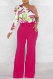Rose Red Casual Print Patchwork With Belt Oblique Collar Regular Jumpsuits