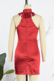 Röd sexig solid tofs urholkade axelbandslösa omslagna kjolklänningar
