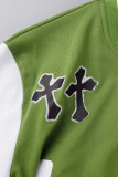 Ejército verde casual sólido bordado patchwork cuello cárdigan manga corta dos piezas