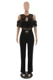 Black Sexy Casual Solid Hollowed Out Patchwork O Neck Regular Jumpsuits