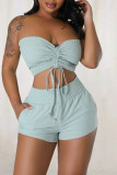 Sky Blue Sexy Solid Bandage Patchwork Strapless Sleeveless Two Pieces Tube Crop Tops And Shorts Set