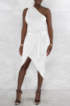 Blanco sexy sólido vendaje patchwork asimétrico cuello oblicuo vestido irregular vestidos