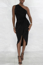 Черное сексуальное однотонное лоскутное платье с асимметричным косым воротником, асимметричное платье, платья