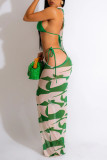 緑のセクシーなプリント中空パッチワーク O ネック イレギュラー ドレス (下着なし)