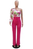 Rose Red Casual Print Patchwork With Belt Oblique Collar Regular Jumpsuits