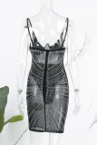 Vestido sin mangas con tirantes de espagueti sin espalda transparente con perforación en caliente de patchwork sexy negro Vestidos