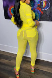Yellow Sexy Solid Patchwork Buckle See-through Turndown Collar Long Sleeve Two Pieces