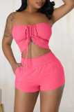 Pink Sexy Solid Bandage Patchwork Strapless Sleeveless Two Pieces Tube Crop Tops And Shorts Set