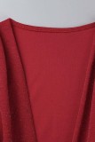 Vestidos de manga longa vermelho sexy patchwork sólido com decote em v