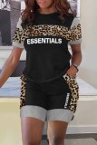 Pink Casual Print Leopard Patchwork Letter O Neck Short Sleeve Two Pieces