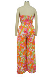 Tangerine Red Sexy Print Patchwork Strapless Straight Jumpsuits