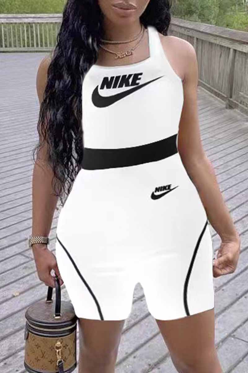 

White Casual Print Patchwork Letter U Neck Jumpsuits