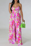 Tangerine Red Sexy Tropical Print Patchwork Strapless Straight Pleated Tube Wide Leg Jumpsuits