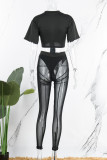 Black Sexy Letter Print Bandage Patchwork See-through Half Sleeve Two Pieces Front Tie Crop Tops And Skinny Pants Sets