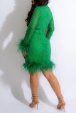 Green Sexy Patchwork Hot Drilling Hollowed Out Half A Turtleneck Long Sleeve Dresses