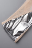 Серебряные сексуальные повседневные лоскутные контрастные узкие брюки со средней посадкой в ​​стиле пэчворк
