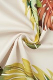 Licht abrikoos casual print patchwork off-shoulder driekwart twee stukken